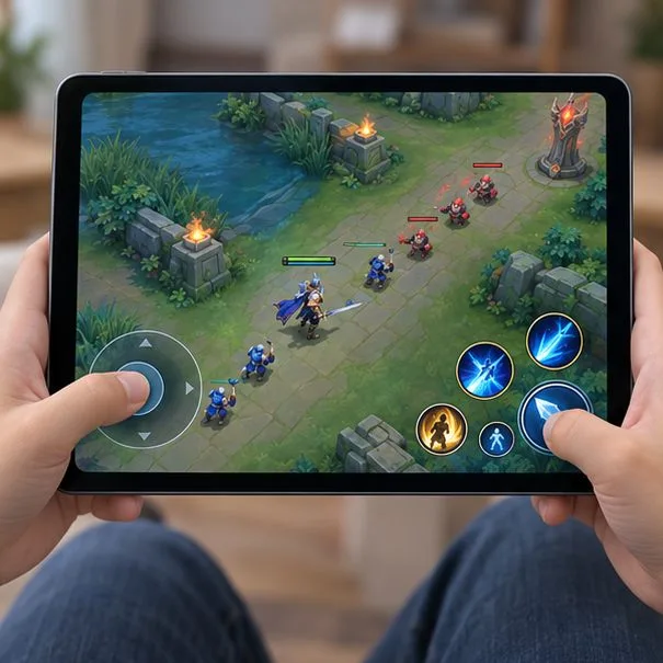 A landscape tablet held in both hands, with a virtual joystick on the left and a separate skill cluster on the right.
