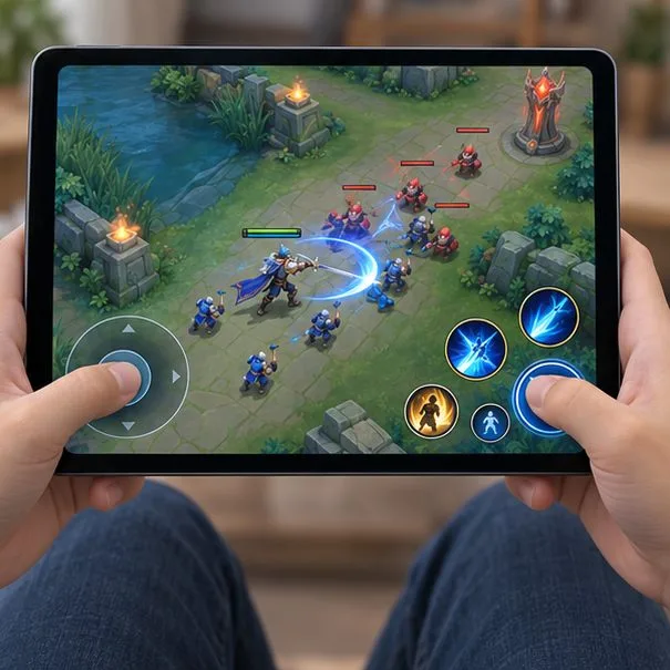 Both thumbs using the left joystick and right combat controls while a MOBA battle remains visible in the center of a tablet screen.