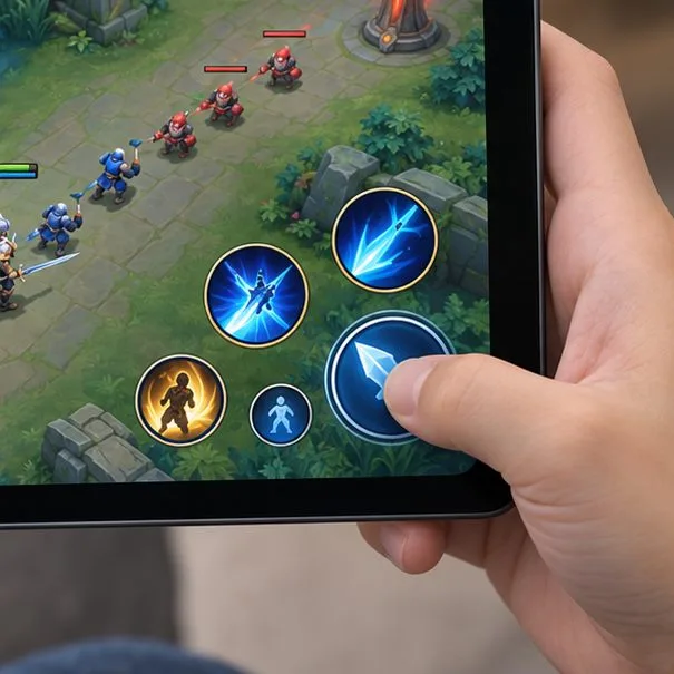 A right thumb reaching a compact group of separate circular skill and attack controls on a landscape tablet.