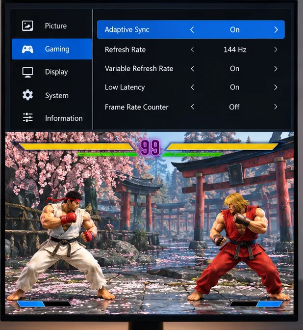 Illustrative monitor OSD with Adaptive Sync enabled above a fighting-game image