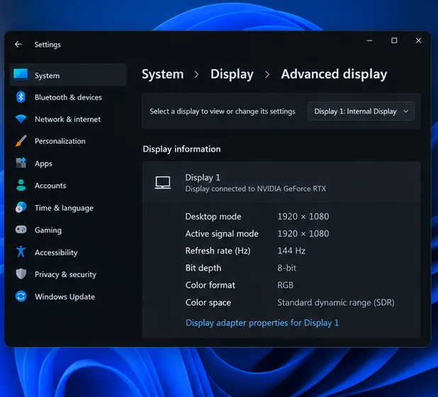 Illustrative Windows Advanced display page showing a 1920 by 1080 signal at 144 Hz