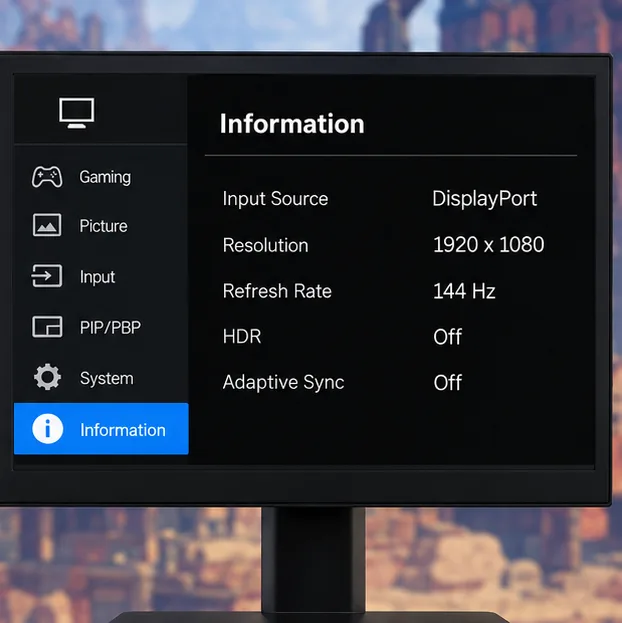 Illustrative monitor information OSD listing DisplayPort, 1920 by 1080 resolution, and 144 Hz