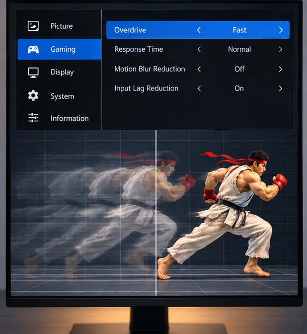 Illustrative monitor overdrive menu beside a moving fighter silhouette with a ghost trail comparison