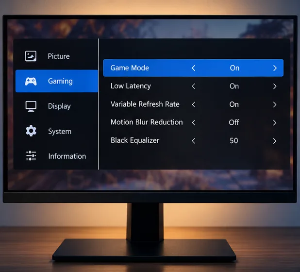 Gaming monitor OSD illustration with Game Mode selected and a Low Latency option listed