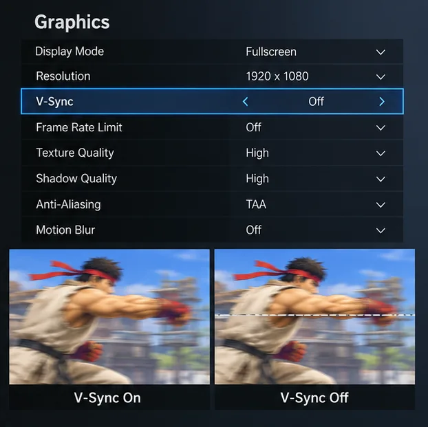Illustrative PC graphics menu with V-Sync off and a comparison showing a horizontal tear line