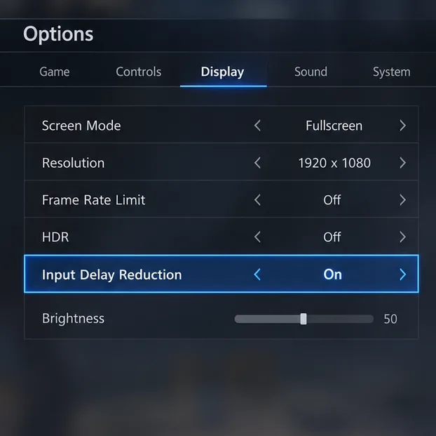 Illustrative fighting-game display options menu with Input Delay Reduction set to On