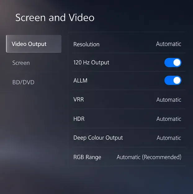 Illustrative PS5-style Video Output menu with 120 Hz Output and ALLM switched on