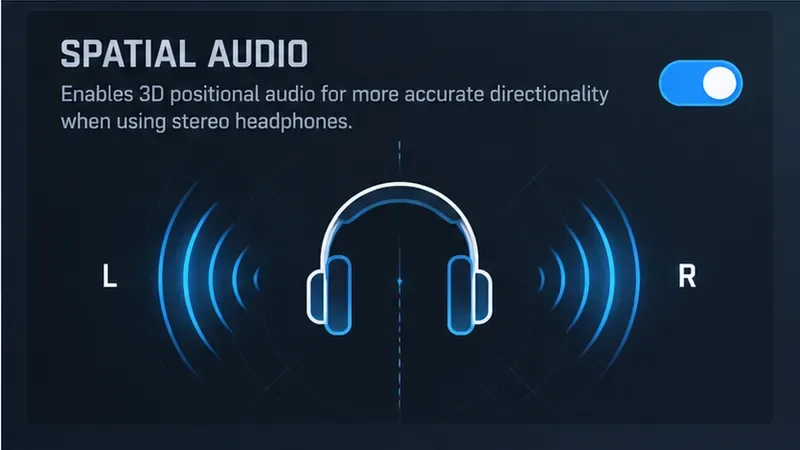 Ilustrație a unor căști stereo cu direcții sonore stânga și dreapta și un control audio spațial