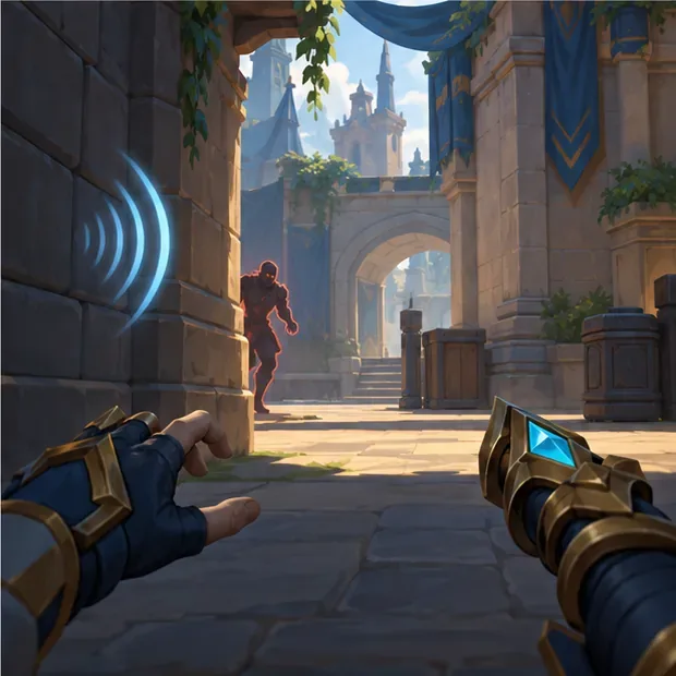 A first-person fantasy shooter scene shows a faint sound cue coming from an enemy approaching around the left corridor.