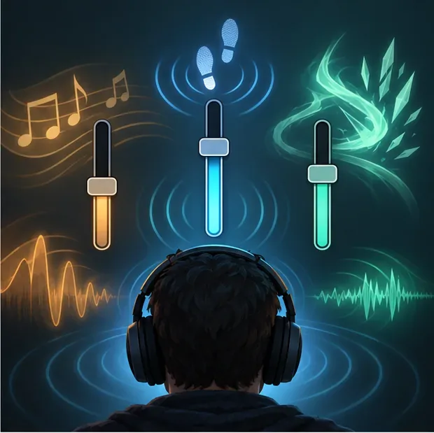 A listener wearing headphones focuses on clear movement and ability sounds while music stays subdued.