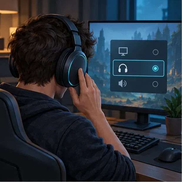 A player wearing a headset checks the selected audio output on a monitor.
