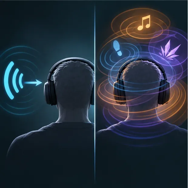 Two headphone listening paths compare one clean stereo direction cue with several layered sound effects.