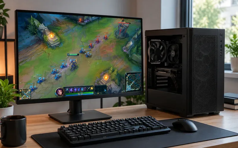 Computador de jogos ao lado de um monitor exibindo uma colorida batalha MOBA com visão de cima, com teclado e mouse sobre uma mesa de madeira.