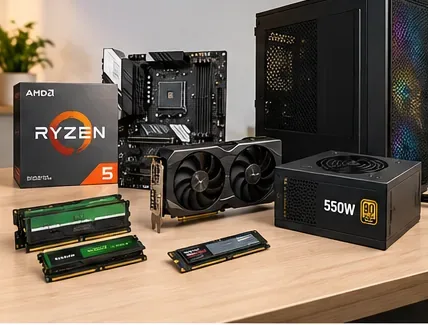 Gabinete do PC, placa-mãe, processador (na caixa), dois módulos de memória, unidade de estado sólido (SSD), fonte de alimentação e placa de vídeo dedicada (opcional) dispostos sobre uma mesa.