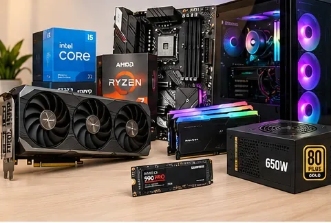 Conjunto de componentes de PC de alto desempenho, incluindo opções de placa gráfica com três ventoinhas, placa-mãe, memória, unidade NVMe, fonte de alimentação e processador.