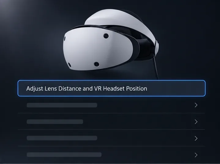 PS VR2 headset above the highlighted Adjust Lens Distance and VR Headset Position setting.