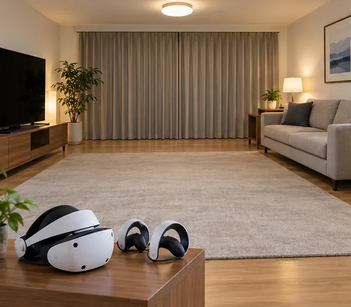 Bright living room with an open floor area and a PlayStation VR2 headset and controllers set safely at the edge.