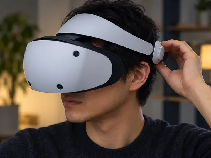 Player wearing a white PlayStation VR2 headset and turning its rear headband adjustment dial.