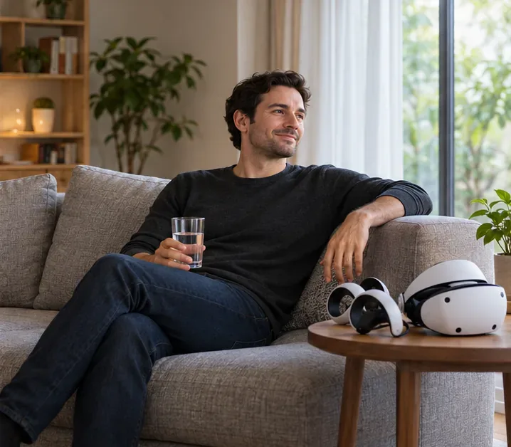 Player taking a seated break with the VR headset removed and controllers resting nearby.