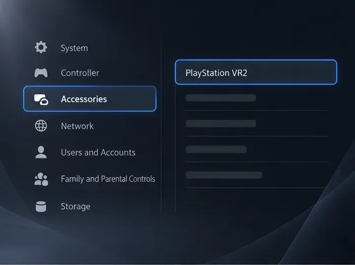 PS5-style settings illustration with Accessories selected and PlayStation VR2 shown in the next column.
