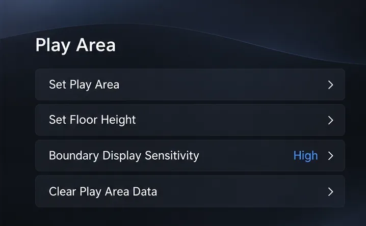 Illustrated Play Area menu showing Set Play Area, Set Floor Height, Boundary Display Sensitivity at High, and Clear Play Area Data.