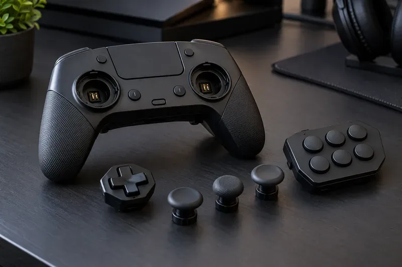 Controlador de jogo modular com um pad de luta de seis botões, D-pad e capas de analógico removíveis dispostas ao lado.