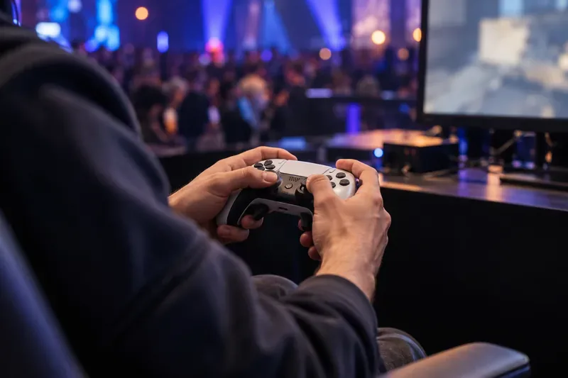 Um jogador segura um controle de videogame em uma estação de e-sports enquanto monitores brilhantes e luzes da plateia criam um efeito de borrão ao fundo.