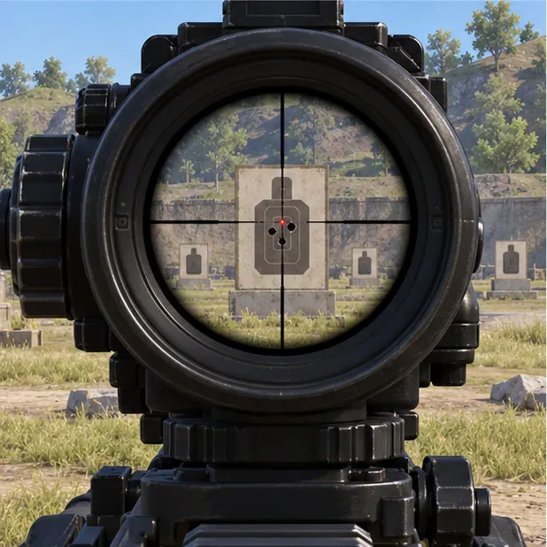 A magnified optic frames a distant training target with several impact marks grouped close to the center.