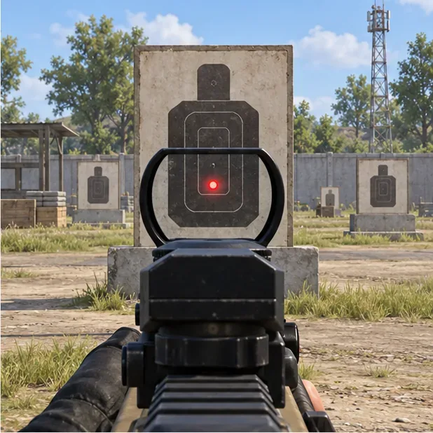 A red-dot sight is centered on a stationary silhouette target at a close outdoor training range.