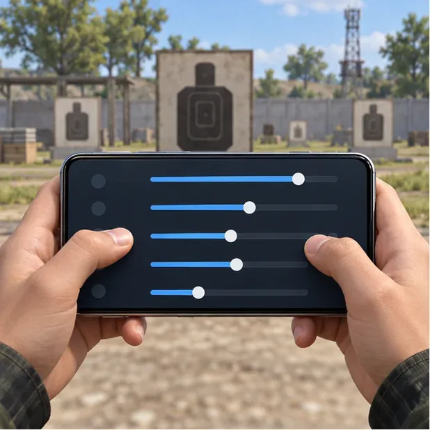 A player holds a phone at an outdoor practice range while a dark panel shows unlabeled sensitivity sliders.