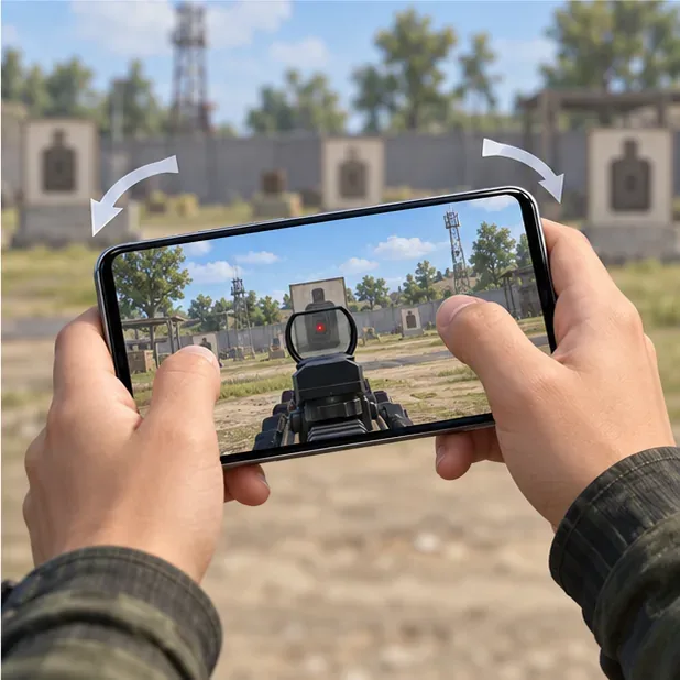 Two hands gently tilt a smartphone toward a stationary target in a mobile shooting-range scene.