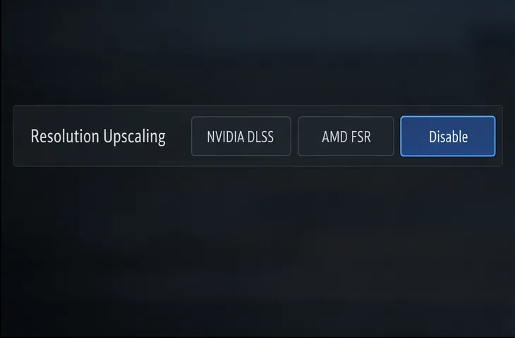 Illustrative Advanced graphics panel showing NVIDIA DLSS, AMD FSR, and Disable under Resolution Upscaling.
