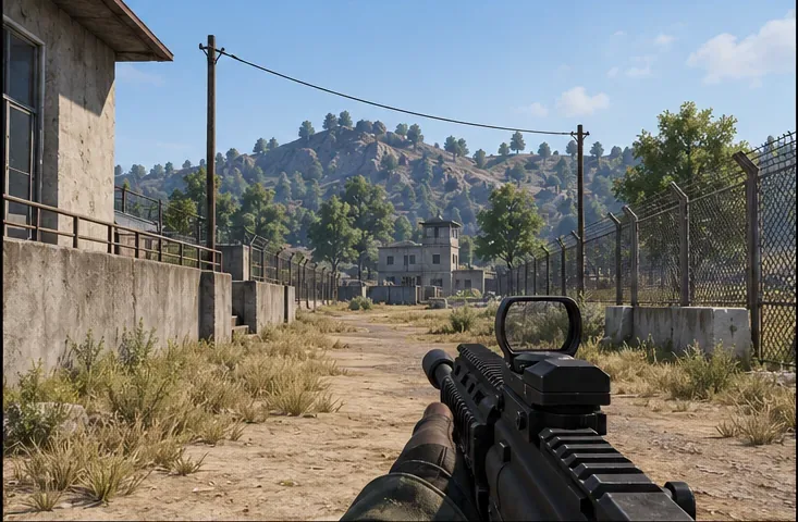 First-person training-area view with a power line, fence posts, building edge, and foliage visible at medium and long distances.