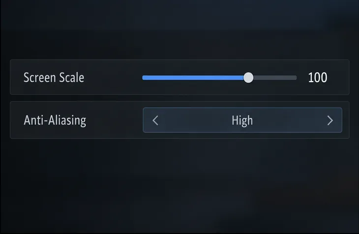 Illustrative PUBG PC graphics panel showing Screen Scale at 100 and Anti-Aliasing at High.