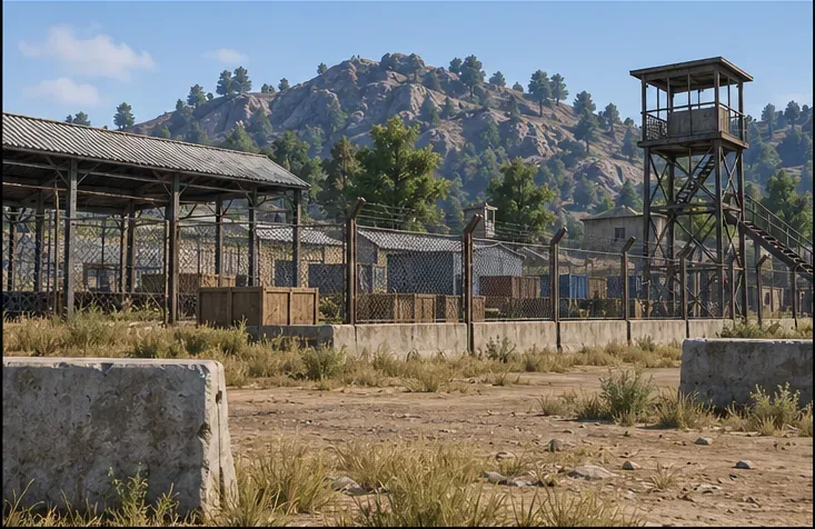 Training-area scene with a chain-link fence, roof edges, and foliage boundaries to use as fixed visual comparison points.