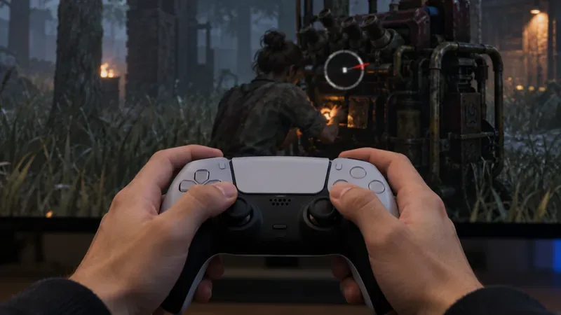De handen houden een controller vast met beide duimen dicht bij de analoge sticks, terwijl een vaardigheidstest op het spelscherm verschijnt.