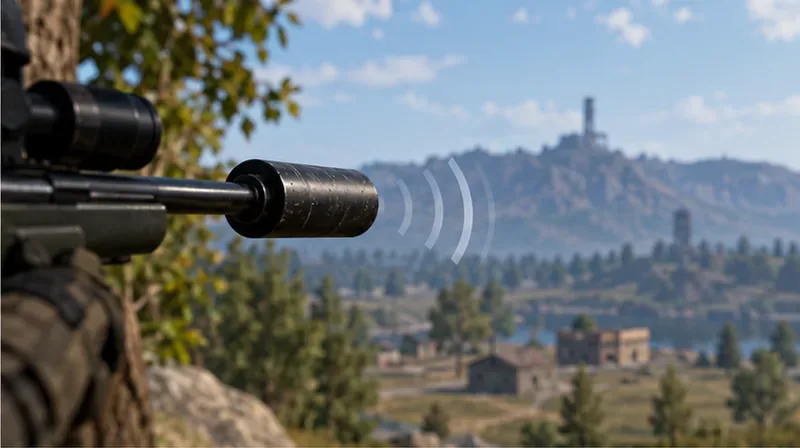 A sniper rifle suppressor shown at the muzzle with a subtle sound-wave graphic