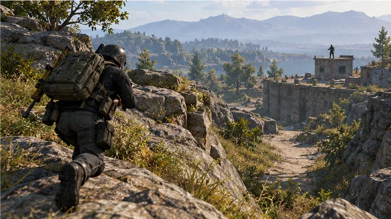 A player moving from a rocky ridge toward a new firing angle after a long-range shot