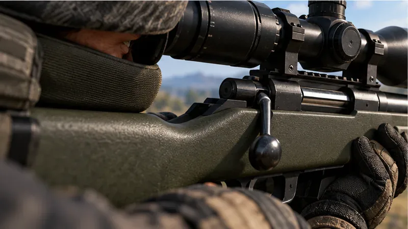 Close view of a bolt-action rifle stock, cheek rest, and mounted scope