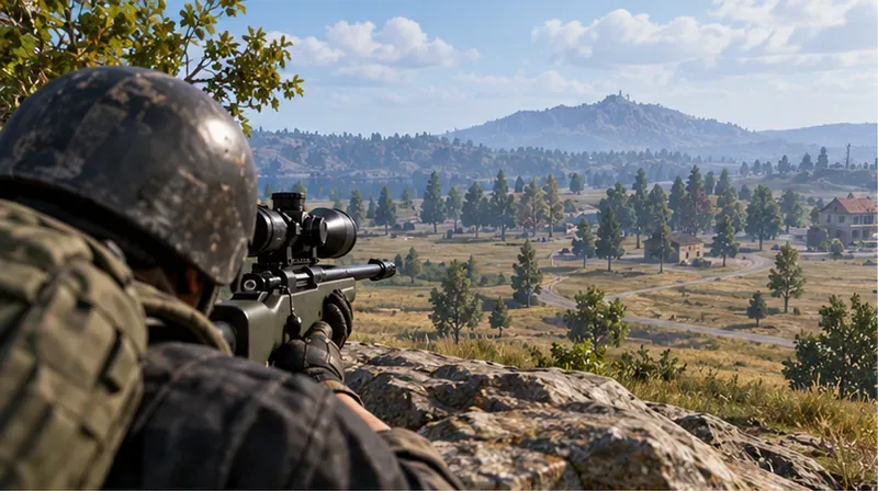 A player aiming a scoped sniper rifle across an open field from a rocky overlook