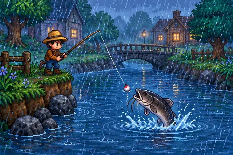 Rainy spring river fishing scene with a catfish leaping beside a bridge and village houses
