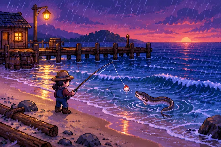Rainy spring beach at dusk with a fisherman casting toward an eel beside a wooden pier