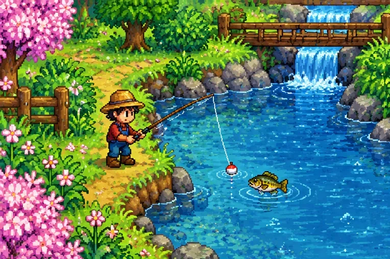 Sunny spring river with cherry blossoms, a straw-hatted fisher, and a small fish beside the fishing float