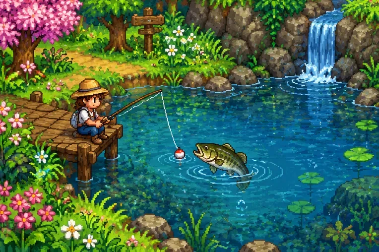 Spring forest pond with a small wooden fishing dock, flowering trees, and a bass surfacing near a red bobber