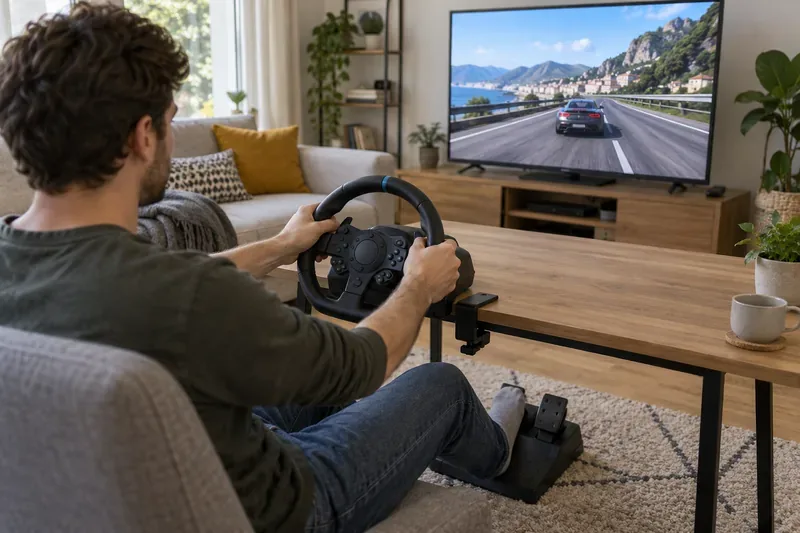 Um volante de corrida compacto preso a uma mesa de escritório na sala de estar, com um pequeno conjunto de pedais e um jogo de corrida na televisão.
