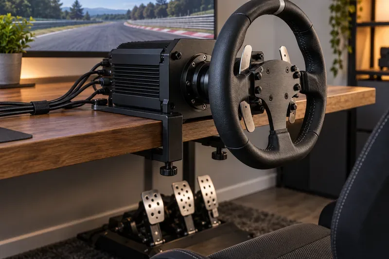 Imagem em close-up de uma base de volante de corrida com acionamento direto fixada a uma mesa, com as alavancas de câmbio e o conjunto de três pedais visíveis abaixo.