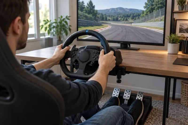Um jogador segura um volante de corrida montado em uma mesa em frente a um monitor que exibe um circuito, com três pedais embaixo da mesa.