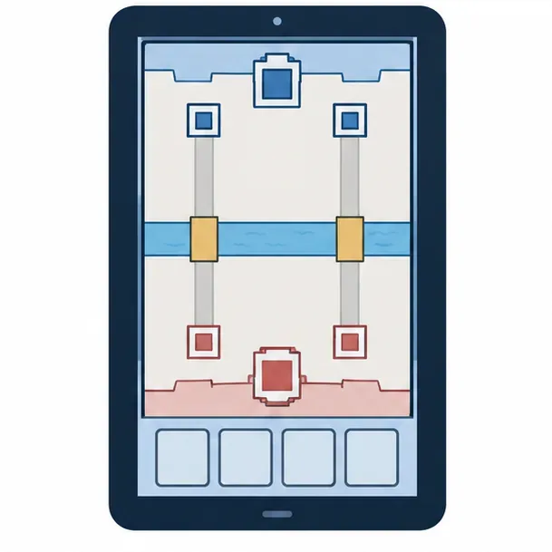 Un schéma de tablette au format portrait contient l'arène complète à deux voies, la rivière, les deux ponts, les marqueurs de tour et un plateau à cartes à quatre emplacements.