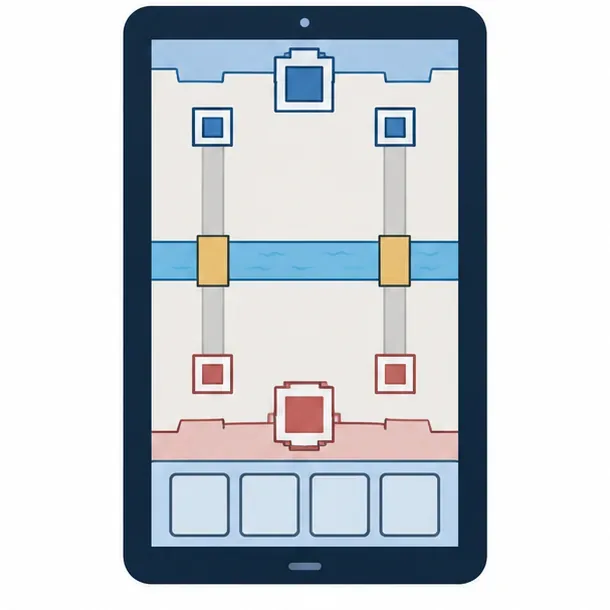 Un schéma sur tablette au format portrait affiche la carte complète de l'arène, les deux voies du pont, les marqueurs de tour et le plateau de cartes sur un seul écran dégagé.