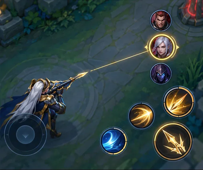A mobile combat interface with three enemy hero portraits and one highlighted portrait linked to the player's aim, illustrating manual hero selection